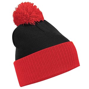 pom pom two tone beanie with company logo