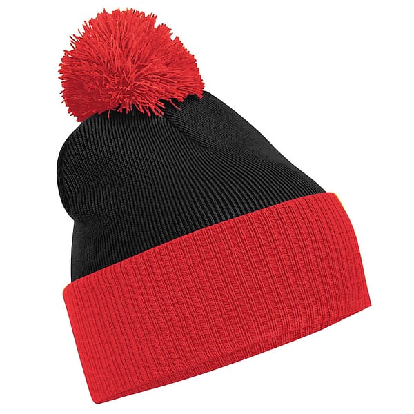 pom pom two tone beanie with company logo